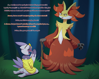 2_fingers 3_fingers after_transformation ambiguous_gender anthro begging blush butt clothing dialogue duo eyewear fingerpads fingers forehead_gem forest gem grass hair holding_object holding_stick kneeling looking_down open_mouth outside pawpads plant shirt size_difference stick sunglasses tail text topwear tree yellow_clothing yellow_shirt yellow_topwear flybeeth nintendo pokemon jaki-kun_(character) delphox generation_6_pokemon generation_8_pokemon hisuian_form hisuian_sneasel pokemon_(species) regional_form_(pokemon) 2025 absurd_res digital_media_(artwork) english_text hi_res
