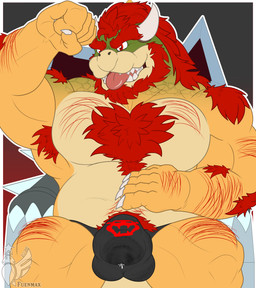 anthro arm_hair armpit_hair belly_hair body_hair bowser_logo bulge chest_hair clothed clothing detailed_bulge hairy hairy_legs male pubes solo topless mario_bros nintendo bowser hi_res