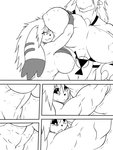 abs anthro bandai_namco big_breasts biped blush breast_grab breasts claws comic digimon digimon_(species) duo ear_markings embrace facial_markings female female/female fingers growth guilmon hair hand_on_breast head_markings hug long_ears markings monochrome muscle_growth muscular muscular_female nipples open_mouth ryuakira scalie shocked simple_background smile symbol terriermon white_background