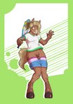 abstract_background anthro balls blonde_hair blue_eyes bottomwear clothing flaccid foreskin fur genitals hair hooves male markings micropenis open_mouth penis shorts small_penis solo spots spotted_body spotted_fur surprise tennis_racket tied_hair rotten_owl august_(arino) equid equine horse mammal absurd_res digital_media_(artwork) hi_res