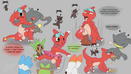 all_fours anthro arm_on_head arm_over_shoulder big_dildo blue_body blush blush_lines bodily_fluids bottomwear clothing crouching dancewear dildo dominant duo erection erection_under_skirt exclamation_point eyewear forced genital_fluids glasses green_body grey_body group humiliation kneeling leaking_precum magic male male/male male_peeing motion_lines orgasm_denial peeing peeing_while_erect precum public public_humiliation red_body sex_toy skirt squatting_pose sweat text tutu unusual_chastity urine urine_in_mouth voodoo voodoo_doll watersports wearing_glasses white_body rioni nintendo pokemon banette charmeleon chespin froakie generation_1_pokemon generation_3_pokemon generation_6_pokemon generation_8_pokemon grookey pokemon_(species) scorbunny 16:9 4k absurd_res english_text hi_res widescreen