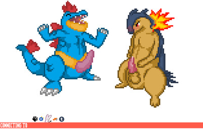 animal_genitalia anthro balls big_penis blush bodily_fluids comparing comparing_penis cum duo erection fire fur genital_fluids genitals huge_penis knot looking_at_genitalia looking_at_penis male muscular nude paws penis penis_size_difference sheath simple_background tapering_penis teeth white_background connectingto nintendo pokemon crocodilian feraligatr generation_2_pokemon mammal mustelid pokemon_(species) reptile scalie typhlosion digital_media_(artwork) pixel_(artwork)