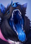 ambiguous_gender anthro blue_eyes blue_hair blue_inner_ear_fluff blue_nose blue_tongue bodily_fluids cheek_tuft collar drooling facial_tuft fangs fur glistening glistening_eyes grey_body grey_fur grey_hair hair inner_ear_fluff leash mouth_shot open_mouth pink_leash saliva saliva_on_tongue saliva_string solo teeth tongue tuft white_collar kolaa canid canine canis fox hybrid mammal wolf bust_portrait hi_res portrait