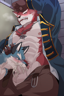 5_fingers anthro anthro_on_anthro balls blue_body blue_fur bodily_fluids claws clothed clothed_anthro clothed_male clothed_sex clothing cum cum_in_mouth cum_inside duo fingers fur genital_fluids genitals humanoid_genitalia humanoid_hands humanoid_penis jewelry male male/male muscular muscular_anthro muscular_male nipples pendant penis pink_nipples red_body red_fur sex teacher_on_student grausummon knights_college argo_northrop diederich_olsen canid canine canis mammal wolf