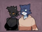 anthro biped black_body black_fur blue_body blue_eyes blue_fur breasts cleavage clothed clothing crossgender dress duo eyebrows female fur husband_and_wife looking_at_viewer male married_couple multicolored_body multicolored_fur red_eyes red_nose simple_background smile teeth white_body ghozt arthur_(ghozt) lucy_(ghozt) domestic_cat felid feline felis mammal 2025 hi_res