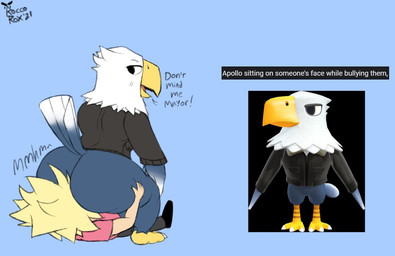 3_toes anal anthro avian_feet beak big_butt black_clothing black_eyes black_topwear black_vest blue_background bottomless bubble_butt butt claws clothed clothing dialogue digitigrade duo facesitting feather_hands feathers feet grey_body grey_feathers huge_butt human_on_anthro interspecies male male/male multicolored_body multicolored_feathers oral rimming scutes sex simple_background sitting_on_another tail tail_feathers talons teasing text toe_claws toes topwear vest white_body white_claws white_feathers yellow_beak roccorox animal_crossing nintendo apollo_(animal_crossing) villager_(animal_crossing) accipitrid accipitriform avian bald_eagle bird eagle human mammal sea_eagle 2021 dated digital_media_(artwork) english_text flat_colors reference_image signature
