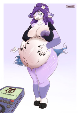 anthro belly belly_expansion breast_expansion breast_squish breasts clothing controller expansion female fetal_movement leg_markings markings navel navel_piercing piercing pregnancy_progression pregnancy_tally pregnant pregnant_female purple_body solo squish tearing_clothing tearing_pants tearing_shirt tearing_underwear thigh_markings torn_clothing wardrobe_malfunction worried mestysa heather_(zevulpes) deer mammal absurd_res hi_res