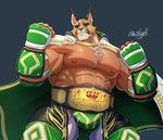 abs anthro black_nose bulge cape cheek_tuft clothing countershade_ears countershade_snout countershading ear_tuft facial_tuft fist for_a_head fur green_cape green_clothing grey_background head_tuft jewelry looking_at_viewer male muscular muscular_anthro muscular_male necklace nipples obliques pecs pink_nipples raised_arm raised_fist raised_hand simple_background snout solo standing tan_body tan_fur tuft wrestling wrestling_belt yellow_eyes bontiage crave_saga sergio_(crave_saga) animal_head animal_humanoid felid feline humanoid lynx mammal 2022 colored portrait three-quarter_portrait