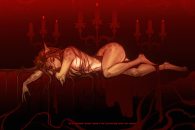 anthro areola arm_markings arm_tuft barely_visible_areola bedroom_eyes bent_legs biped black_background black_eyes breasts brown_eyebrows brown_hair brown_markings brown_nose brown_spots butt candelabra candle candlelight candlestick convenient_censorship countershade_breasts countershade_fur countershade_legs countershade_torso countershading digitigrade ear_tuft elbow_tuft eyebrows feet female female_anthro fingers front_view fur fur_markings fur_tuft gradient_background hair hair_covering_breasts hip_markings humanoid_hands iris leg_markings light lit_candle long_hair looking_at_viewer lying markings medium_breasts monotone_hair multicolored_body multicolored_fur narrowed_eyes navel nude nude_anthro nude_female on_side pink_areola pose pupils red_background red_pupils red_text seductive shoulder_markings simple_background smoke snout solo spots spotted_body spotted_fur spotted_markings tan_body tan_fur tan_tuft tasteful_nudity text thick_thighs toes tuft white_body white_breasts white_countershading white_fur noizen canid canine mammal 2025 digital_drawing_(artwork) digital_media_(artwork) english_text full-length_portrait hi_res lighting pinup portrait shaded