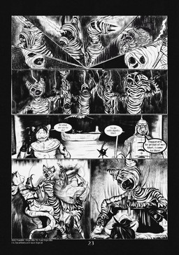 10_panel_comic anthro armor attack beak biped black_body black_eyes black_hair black_text clothed clothing dialogue exclamation_point eyes_closed female forehead_gem gem gloves group hair handwear headgear helmet holding_melee_weapon holding_object holding_weapon male melee_weapon motion_lines mummy_wrappings page_number question_mark sharp_teeth speech_bubble standing tail talking_to_another teeth text weapon whiskers white_sclera white_text leprzil avian canid canine cobra domestic_cat felid feline felis gulonine mammal marten mummy mustelid musteline oriental_shorthair reptile scalie snake undead 2025 artist_name comic english_text hi_res monochrome url