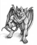 2013 abs animal_genitalia anthro balls bat big_tail biped claws crouching ear_tuft fangs front_view full-length_portrait gargoyle genitals greyscale hi_res hybrid kneeling looking_at_viewer male mammal mane membrane_(anatomy) membranous_wings monochrome muscular muscular_anthro muscular_male nude open_mouth penis penis_tip portrait pose sheath simple_background solo tail teeth traditional_media_(artwork) tuft white_background wings wolfenfury