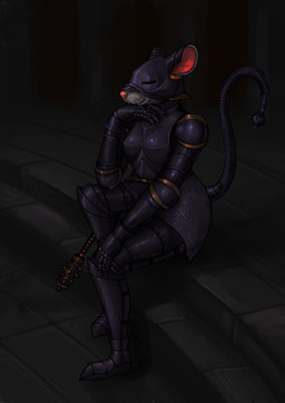 anthro armor black_armor breastplate clothed clothing female fully_clothed fur furgonomics grey_body grey_fur headgear helmet plate_armor sitting solo spiked_mace whiskers flintchips mammal murid murine rat rodent hi_res