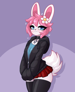 :3 absolute_territory accessory anthro biped black_clothing black_hoodie black_legwear black_nose black_topwear blue_clothing blue_eyes blue_shirt blue_topwear blush bottomwear breasts choker clothed clothing cross eyelashes female flower flower_in_hair fluffy fluffy_tail front_view fully_clothed fur glistening glistening_clothing glistening_hair glistening_legwear hair hair_accessory hand_in_pocket hands_in_both_pockets heart_symbol hoodie jewelry legwear looking_at_viewer medium_breasts miniskirt monotone_body monotone_fur monotone_hair monotone_tail necklace pink_hair pink_inner_ear plant pockets pupils purple_background red_bottomwear red_clothing red_skirt scut_tail shirt short_hair short_tail simple_background skirt smile solo standing tail tail_under_skirt thigh_highs three-quarter_view topwear white_body white_ears white_fur white_tail limebreaker lily_(atelierlily) lagomorph leporid mammal rabbit 2021 digital_media_(artwork) hi_res portrait three-quarter_portrait