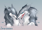 anthro duo female endenden raesheris chiral_sisters freel niox mammal sergal artist_collaboration bust_portrait portrait sibling_(lore) twins_(lore)