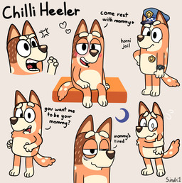 annoyed anthro blush clock clothing dialogue female fur half-closed_eyes hand_on_arm hand_on_hip hat headgear headwear heart_symbol looking_at_viewer mommy_kink narrowed_eyes on_model police police_badge police_hat simple_background sitting solo standing text tired tired_eyes watch sindr1 bluey_(series) chilli_heeler australian_cattle_dog canid canine canis cattledog domestic_dog herding_dog mammal pastoral_dog 2023 absurd_res english_text hi_res