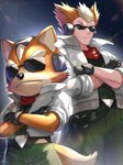 alternate_species anthro belt clothing crossed_arms dipstick_tail duo eyewear fur gloves handwear humanized jacket male markings multicolored_tail scarf square_crossover sunglasses tail tail_markings topwear gonzarez1938 f-zero nintendo star_fox james_mccloud canid canine fox human mammal 2021 absurd_res crossover hi_res