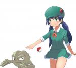 ambiguous_gender black_eyes blue_hair clothed clothing duo elemental_creature female generation_1_pokemon geodude green_eyes grey_body hair hat headgear headwear hi_res human looking_at_viewer mammal mineral_fauna nintendo onakanokimochi picnicker_(pokemon) pokeball pokemon pokemon_(species) rock rock_creature simple_background standard_pokeball white_background young