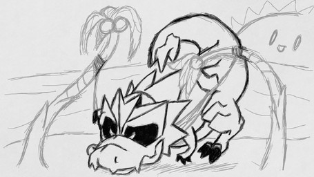 ambiguous_gender feral hammock macro plant solo tree tko-san nintendo pokemon dinosaur fossil_pokemon generation_6_pokemon pokemon_(species) prehistoric_species reptile scalie tyrantrum 16:9 monochrome sketch widescreen