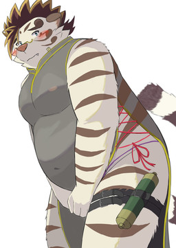 anthro belly blush clothed clothing covering covering_self crossdressing embarrassed eyewear fur glasses leg_strap male navel nipples overweight overweight_male scroll skimpy solo striped_body striped_fur stripes translucent translucent_clothing white_body white_fur 9dtq0 lifewonders tokyo_afterschool_summoners licho_(tas) felid mammal pantherine tiger absurd_res hi_res