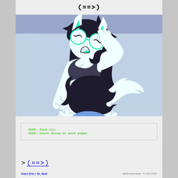 animal_genitalia animal_penis anthro bdsm black_hair buckteeth canine_genitalia canine_penis clothed clothed_female clothing comic_panel crop_top dialogue duo eyewear fellatio female genitals glasses gynomorph hair intersex intersex/female lipstick long_hair makeup onesie oral pajamas penile penis petplay puppyplay roleplay sex shirt short_hair tail tail_motion tailwag teeth text topwear white_body ashleyorange homestuck ms_paint_adventures jade_harley june_egbert canid canine human humanoid hybrid mammal 1:1 animated animated_comic comic hi_res incest_(lore) sibling_(lore) sister_(lore) sisters_(lore) trans_(lore) trans_woman_(lore)