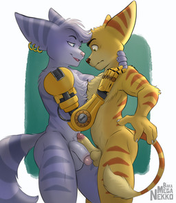 anthro balls blue_eyes crossgender cybernetic_arm cybernetic_limb duo ear_piercing ear_ring erection frottage ftm_crossgender fur genitals half-closed_eyes humanoid_genitalia humanoid_penis male male/male narrowed_eyes nude penile penis penises_touching piercing ring_piercing sex simple_background smile standing stripes tail yellow_body yellow_fur bakameganekko ratchet_and_clank sony_corporation sony_interactive_entertainment ratchet_(ratchet_and_clank) rivet_(ratchet_and_clank) lombax mammal digital_media_(artwork) hi_res