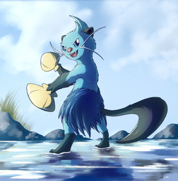 ambiguous_gender black_ears black_tail blue_body blue_eyes blue_fur day determined fur gloves_(marking) holding_shell leg_markings markings open_mouth open_smile outside pink_nose pose scalchop semi-anthro sharp_teeth smile socks_(marking) solo standing standing_on_water tail teeth water whiskers introvertnacho nintendo pokemon dewott generation_5_pokemon pokemon_(species) 2024 digital_drawing_(artwork) digital_media_(artwork) film_grain hi_res