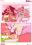 absurd_res amaryllis_(lustragon) anthro areola blush bodily_fluids breasts clitoral_hood clitoris comic comic_panel dialogue digital_drawing_(artwork) digital_media_(artwork) dragon duo ejaculation female female/female flower genital_fluids genitals hair hi_res horn legs_up lustragon mythological_creature mythological_scalie mythology nipples nude open_mouth orgasm outside pink_body plant pussy pussy_ejaculation pussy_rubbing red_areola red_hair red_nipples red_pussy rose_(iestraig) rubbing scalie sex simple_background speech_bubble spread_legs spreading tail text tongue tribadism urethra vaginal vaginal_fluids wings