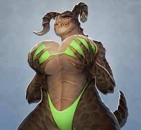 5_fingers anthro big_breasts bikini breast_squeeze breasts claws cleavage clothed clothing female fingers fondling green_bikini green_clothing green_swimwear hand_on_breast highleg highleg_bottomwear holding_breast horn huge_breasts long_claws looking_at_viewer non-mammal_breasts orange_sclera self_fondle sharp_teeth skimpy_bikini solo squeezing string_bikini swimwear teeth two-piece_swimsuit under_boob derek_hetrick fallout microsoft deathclaw reptile scalie 2021 hi_res