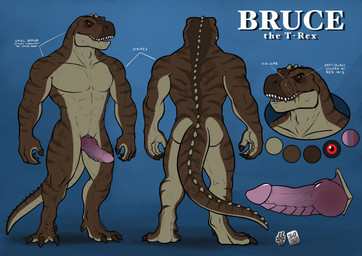 abs anthro black_sclera blue_background brown_body brown_tail erection fangs front_view genitals glistening glistening_eyes knot male male_anthro markings muscular muscular_anthro muscular_male nude open_mouth pecs penis pink_penis red_eyes ridged_penis simple_background solo standing striped_arms striped_legs striped_markings striped_neck striped_tail stripes tail tail_markings teeth text hufnaar bruce_(fenrir_garou) dinosaur prehistoric_species reptile scalie english_text hi_res model_sheet