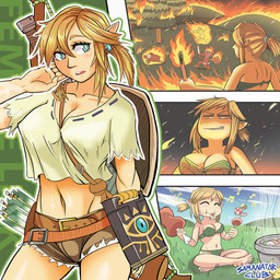 5_fingers belt bikini biped blonde_hair blue_eyes blush bottomwear breasts brown_bottomwear brown_clothing cleavage clothed clothing crossgender ear_piercing ear_ring eating eyes_closed female fingers fire fungus grass green_clothing group hair holding_object humanoid_pointy_ears mushroom musical_note musical_symbol navel not_furry nude open_mouth piercing plant pointy_ears ponytail ring_piercing running shield shorts sitting smile solo swimwear symbol teeth text torch tree two-piece_swimsuit samanator_club breath_of_the_wild nintendo the_legend_of_zelda link blin_(tloz) bokoblin humanoid hylian mammal suid suine warthog 1:1 english_text multiple_scenes