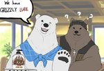 anthro biped black_eyes brown_body brown_fur dialogue duo fur one_eye_closed question_mark text white_body white_fur wink riseson shirokuma_cafe grizzly_(shirokuma_cafe) shirokuma bear brown_bear grizzly_bear mammal polar_bear ursine 2023 english_text