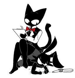accessory angry anthro barefoot black_body black_clothing black_fur black_tail black_topwear black_vest bodily_fluids bottomwear cheek_tuft clipboard clothing collared_shirt crossed_legs dress_shirt duo eye_scar facial_scar facial_tuft feet female fingers fur grey_bottomwear grey_clothing grey_pants looking_down male male/female mouthless necktie pants planking red_necktie safety_pin scar shirt sitting sitting_on_back sweat tail topwear tuft uniform vest white_clothing white_shirt white_topwear white_undershirt writing_on_clipboard writing_utensil sabgong vincent_(sabgong) vingo_(sabgong) domestic_cat felid feline felis lagomorph leporid mammal rabbit