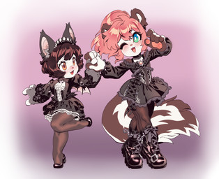 alternative_fashion anthro bat_wings biped black_body black_boots black_clothing black_dress black_footwear black_fur black_hair black_high_heels black_legwear black_stockings boots brown_hair choker clothed clothing corset countershade_face countershade_fur countershading dress duo eyebrows female fluffy fluffy_tail footwear fur goth gothic_lolita green_eyes hair hand_holding headgear headwear high_heels j-fashion jewelry legwear lingerie lolita_(fashion) membrane_(anatomy) membranous_wings multicolored_body necklace on_one_leg one_eye_closed open_mouth open_smile pawpads pink_nose shoes simple_background small_wings smile standing stockings tail tongue topwear two_tone_body white_body white_countershading white_fur wings wink young young_anthro young_female tedd77 bat mammal mephitid skunk 2026 hi_res