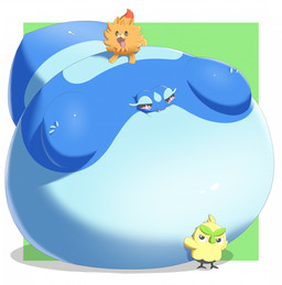 ambiguous_gender beak belly belly_expansion belly_squish big_belly big_tail black_eyes black_sclera blue_body blue_eyelashes blue_eyelids blue_tail body_inflation border expansion eyebrows eyelashes fangs feral green_background green_beak green_eyebrows group hair huge_belly huge_tail hyper hyper_belly hyper_inflation hyper_tail immobile inflation leaf leaf_eyebrows lying multicolored_body on_front open_mouth open_smile orange_body pink_mouth pink_sclera pink_tongue round_body simple_background smile spherical_inflation squish tail tail_expansion tan_body tan_hair teeth three-quarter_view tongue tongue_out trio two_tone_body white_border white_eyes hgh-pine nintendo pokemon avian browt canid canine gecqua generation_10_pokemon mammal pokemon_(species) pombon reptile scalie 2026 colored digital_drawing_(artwork) digital_media_(artwork) hi_res japanese_description shaded