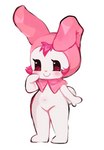 anthro blush female hair navel pink_hair simple_background smile solo standing white_background wide_hips skeet_(artist) onegai_my_melody sanrio my_melody lagomorph leporid mammal rabbit full-length_portrait portrait