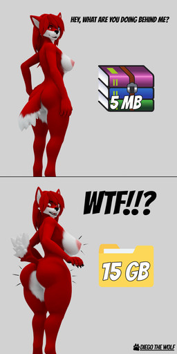 anthro big_breasts blue_eyes breasts dialogue female fur hair long_ears long_hair long_tail looking_at_viewer looking_back minicomic nipples nude pink_nipples red_body red_eyes red_fur red_hair simple_background solo surprised tail text white_body white_fur diegothewolf alberarts_(modeler) decompressed_file_meme winrar diana_(diegothewolf) hyenid_(alber) canid canine canis hyenid_(species) mammal wolf 1:2 3d_(artwork) absurd_res blender_(artwork) blender_cycles_(artwork) comic digital_media_(artwork) english_text hi_res meme
