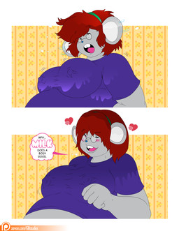 accessory anthro belly big_belly big_breasts blush breasts buckteeth clothing dialogue exposed_belly eyelashes female floating_heart freckled_face freckles fur grey_body grey_fur greybluestudios hair hair_accessory hair_flip hairband heart_symbol huge_belly long_eyelashes looking_at_viewer milk milk_covered motion_lines nipple_outline obese obese_anthro obese_female one_eye_closed overweight overweight_anthro overweight_female pink_tongue purple_clothing purple_shirt purple_topwear red_hair shirt solo speech_bubble talking_to_viewer teeth text tongue topwear wink winking_at_viewer dablueguy graybluestudios lazei penny_provolone mammal mouse murid murine rodent 2019 absurd_res comic english_text hi_res