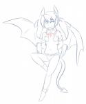 bat_wings breasts clothed clothing female flat_chested footwear hair hands_behind_back humanoid_pointy_ears long_hair looking_at_viewer membrane_(anatomy) membranous_wings monster_girl_(genre) navel not_furry one_eye_closed partially_clothed pigtails pointy_ears race_swap simple_background skimpy small_breasts smile solo spade_tail spread_wings tail tattoo white_background wings thundragon monster_girl_quest tamamo demon humanoid 5:6 hi_res line_art sketch