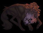 alpha_channel ambiguous_gender black_sclera brown_body brown_fur brown_tail canid cheek_tuft facial_tuft fangs feral fur grin leg_tuft mammal neck_tuft rayliicious side_view simple_background smile solo tail teeth transparent_background tuft white_eyes