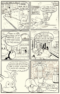 anthro dialogue duo female group humor male outside solo text lecerf sega sonic_the_hedgehog_(comics) sonic_the_hedgehog_(series) miles_prower rouge_the_bat bat canid canine fox mammal absurd_res comic english_text hi_res