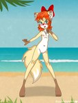 accessory anthro beach blue_eyes blush bow_ribbon female flat_chested freckled_face freckles genitals hair hair_accessory hair_bow hair_ribbon looking_at_viewer nipples open_mouth orange_hair pose public public_nudity pussy raised_arms ribbons solo spread_legs spreading young young_anthro blossomblaze canid canine fox mammal red_fox true_fox absurd_res hi_res