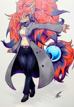 anthro black_body black_fur black_hair blue_eyes blush blush_lines breasts claws clothed clothed_anthro clothing coat eyelashes female footwear fur grey_body grey_fur hair inner_ear_fluff jewelry looking_at_viewer multicolored_hair necklace red_hair shoes simple_background solo topwear trenchcoat tuft two_tone_hair 025aki nintendo pokemon generation_5_pokemon pokemon_(species) zoroark 2026 absurd_res dated hi_res signature