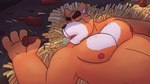 anthro black_nose bodily_fluids crying detailed_background eyes_closed humanoid_hands lying male nipples orange_body overweight overweight_male solo tears white_body leothelionel the_human_heart_(game) rorik_dahl canid canine canis domestic_dog mammal 16:9 2021 widescreen