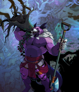 5_fingers anthro biceps big_muscles biped black_nose bottomwear claws clothed clothed_anthro clothed_male clothing countershade_face countershade_fur countershade_torso countershading curled_tail deltoids detailed_background digitigrade finger_claws fingerless_(marking) fingerpads fingers fur holding_object holding_plant holding_tool holding_tree holding_weapon huge_muscles humanoid_hands looking_at_viewer male male_anthro multicolored_body multicolored_fur musclegut muscular muscular_anthro muscular_arms muscular_male muscular_thighs navel neck_tuft nipples open_mouth open_smile pawpads pecs plant purple_body purple_eyes purple_fur red_clothing smile smiling_at_viewer solo standing tail teeth three-quarter_view tools topless topless_anthro topless_male tree triceps tuft weapon whiskers white_body white_fur suck_mcjones hades_(game) supergiant_games bento_(character) binturong mammal viverrid 2024 digital_media_(artwork) hi_res portrait shaded signature three-quarter_portrait