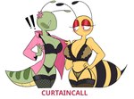 absurd_res animal_humanoid arthropod arthropod_humanoid bee_humanoid big_breasts blush bra breasts clothing curtain_call_challenge female hand_on_hip heart_eyes heart_symbol hi_res honey_(idolomantises) humanoid hymenopteran hymenopteran_humanoid idolomantises insect insect_humanoid lingerie mantis mantis_humanoid papaya_(idolomantises) pupils simple_background surprise underwear unusual_pupils white_background