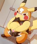 anthro blush bodily_fluids bottomwear clothing cosplay_pikachu_(costume) crossgender cum cum_on_ground detailed_background ftm_crossgender genital_fluids genitals male mask pants penis slightly_chubby solo yellow_body avoid_posting wanisuke nintendo pokemon pikachu_libre generation_1_pokemon pikachu pokemon_(species) 2019 5:6