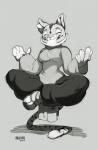 anthro clothed clothing dwarfism eastern exercise female green_eyes muscular muscular_anthro muscular_female short simple_background smile solo stripes white_background maiz-ken tales_of_the_ashes_(series) lao_tian_(character) felid mammal pantherine tiger 2017 hi_res monochrome signature