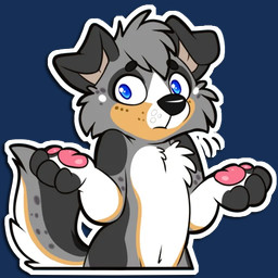 anthro belly blue_eyes confusion floppy_ears folded_ears gesture grey_body grey_spots pawpads pink_pawpads shrug solo spots tail telegram_sticker white_belly white_body white_spots young young_anthro niu-ka canid canine canis domestic_dog mammal 1:1