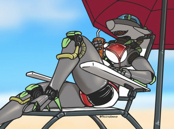 1_eye aircraft airplane anthro beach beach_chair beach_umbrella beverage bikini bikini_bottom bikini_top breasts clothed clothing cockpit container cup female furniture grey_body holding_object jet machine metallic_body not_furry outside parasol seaside simple_background sky solo swimwear teeth topwear two-piece_swimsuit vehicle russy_(artist) aeromorph living_aircraft living_machine living_vehicle robot digital_media_(artwork)