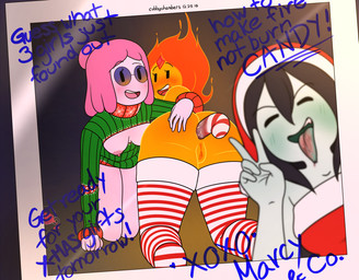 anal anal_penetration blush breasts cleavage_cutout clothed clothing cutout exposed_breasts eyewear female female/female food food_hair genitals glasses group keyhole_turtleneck legwear mostly_nude nipples not_furry open_mouth penetration pseudo_hair sweater teeth text tongue topwear turtleneck vulva cubby_chambers adventure_time cartoon_network flame_princess marceline_abadeer princess_bubblegum humanoid mammal vampire english_text